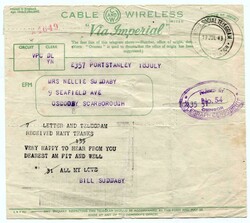 1943 censored Cable & Wireless "Via Imperial" telegram originating ...