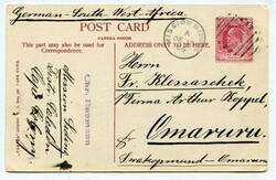 1905 postcard addressed to South West Africa franked 1d adhesive tied ...