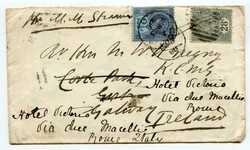 1886 envelope 'Per R.M.S. Steamer' addressed to Cork Ireland,redirect ...