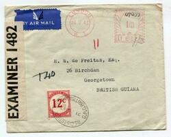 1943 censored underpaid envelope from London. On arrival 12c postage ...