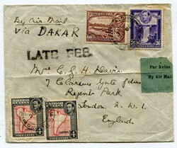 1938 airmail envelope 'Via Dakar' addressed to London franked 60c ...