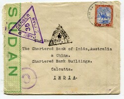 1941 censored envelope addressed to India. Franked 15m adhesive tied ...