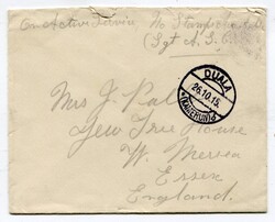 1915 stampless envelope to Essex. Marked 'On Active Service, No ...