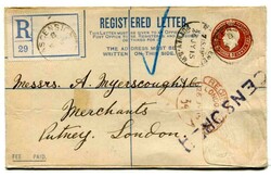 1915 Censored GB 1d + 3d registered stationery envelope cancelled ...