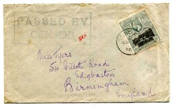 1918 censored envelope addressed to Birmingham franked 2d adhesive ...