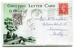 1950 taxed Greetings letter card from Birmingham addressed to Malta, ...