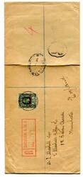 1924 registered envelope with a vertical paper fold. Addressed to ...