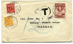1946 taxed envelope addressed to Aalborg Denmark. Franked 1d adhesive ...