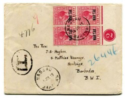 1919 registered envelope addressed to Barbados. Franked block of four ...