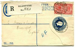 1930 4d registered stationery envelope addressed to Hudddersfield. ...