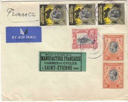1937 air mail envelope to France franked vertical strip of three 10c, ...