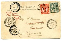 1903 ppc to Cornwall locally redirected Franked 1d & 1/2d adhesives ...