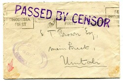 1939 censored stampless envelope addressed to Umtali Triple oval ...