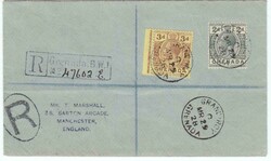 1928 registered envelope franked 2d & 3d adhesives tied "GRAND ROY" c ...