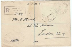 1925 registered OHMS stampless envelope to London cancelled oval ...