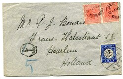 1908 taxed envelope addressed to Haarlem Netherlands franked vertical ...