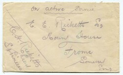 1917 stampless 'On Active Service' envelope addressed to the U.K. ...