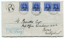 1919 registered envelope to Berne Switzerland. Franked two single and ...