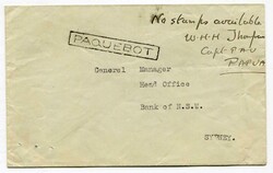 1942 stampless envelope addressed to Sydney. Manuscript 'No Stamps ...