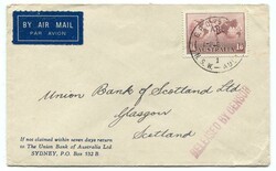 1940 censored airmail envelope addressed to Glasgow. Franked 1/6d ...