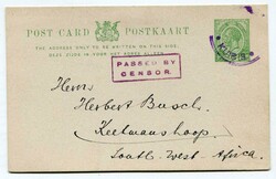 1916 Censored South African 1/2d stationery card (No Message) ...