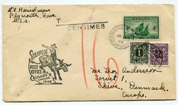 1949 taxed envelope from Calgary to Denmark. On arrival 1ore & 15ore ...