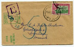 1950 taxed envelope addressed to Denmark franked 2d adhesive tied ...