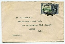 1935 envelope addressed to London franked 2d Jubilee adhesive tied ...
