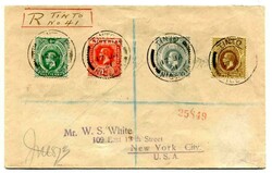 1921 registered envelope to New York franked single 1/2d, 1d, 2d &amp ...