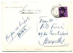 1949 ppc to Belgium franked GB overprinted 3d adhesive tied "TRIPOLI" ...
