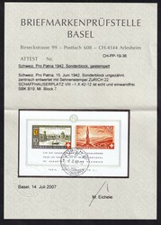 Pro Patria-Block 1942, gest., tadellos, FA Briefmarkenprüfstelle ...