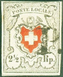 POSTE LOCALE, 2 ½ Rp., schwarz/rot, gest., ger. Mgl., bildseitig ...