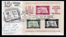 10 Jahre UNO, Block a. FDC, Mi. 250  Automatically generated ...