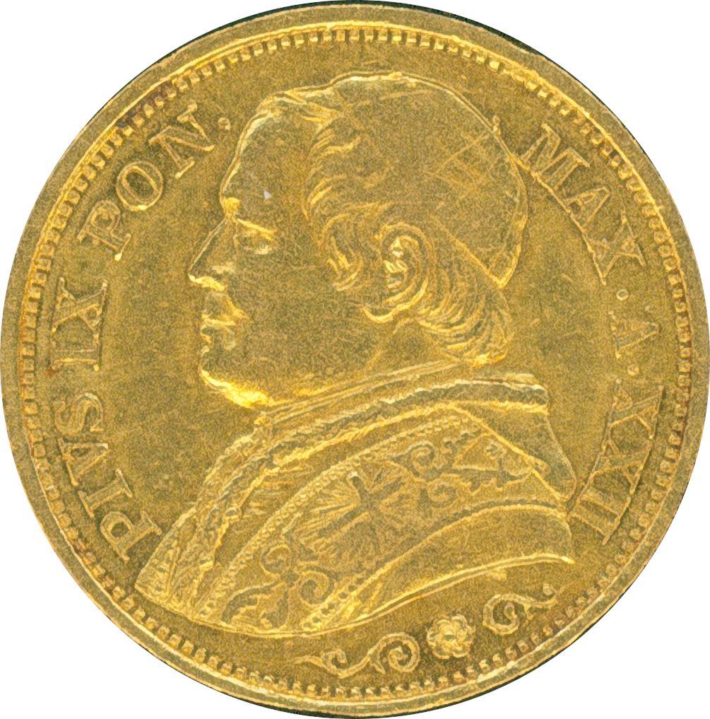 Vatikan 1867, 20 L. Pius IX., Gold (Fein 5,81), Friedberg 280, ...