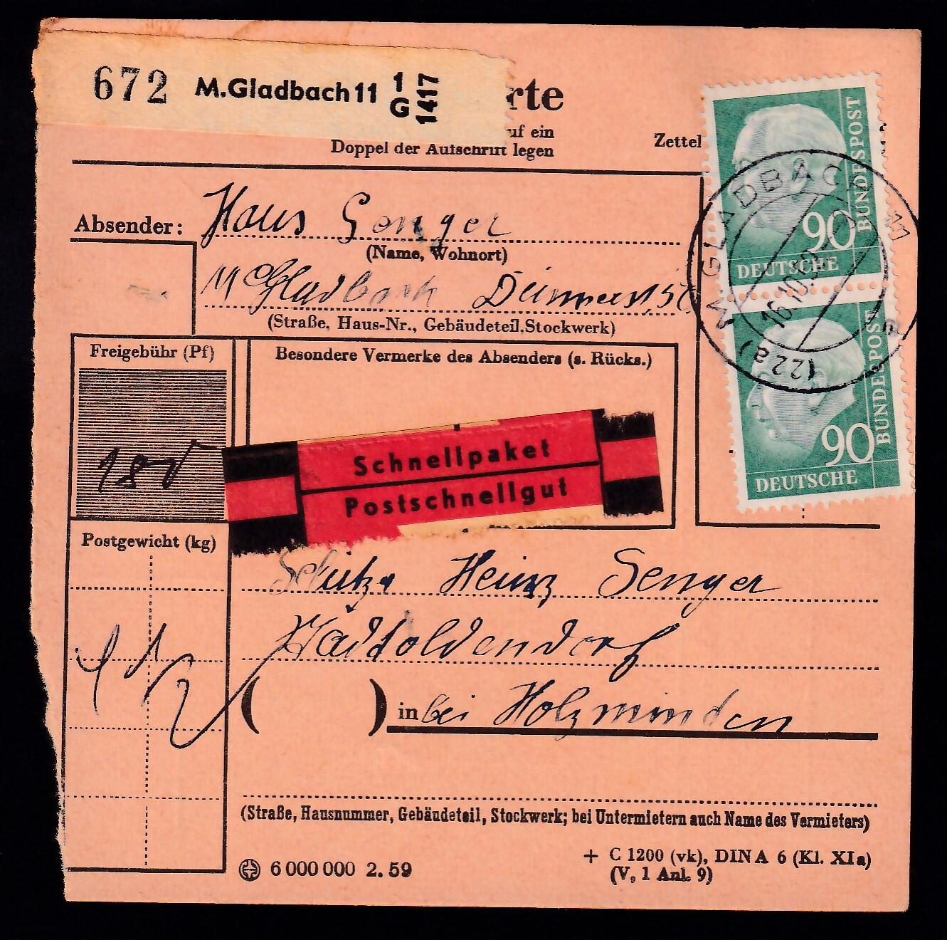 Heuss, 90 Pf., MeF a. Paketkarte, SchnellpaketAutomatically generated ...