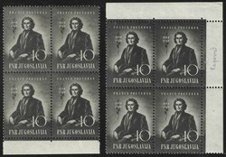 1949 Yugoslavia. Prešeren, Din. 10,00. Two blocks of four in two ...