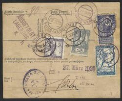 1920 Chainbreakers. Parcel card, franked with Cr. 9,90, for a parcel ...