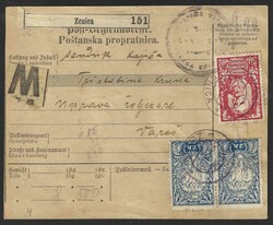 1920 Chainbreakers. Parcel card, franked with Cr. 9,90, for a parcel ...