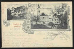 1903 Olševek. Two motifs, church and Kerhelj Inn, mailed 1903