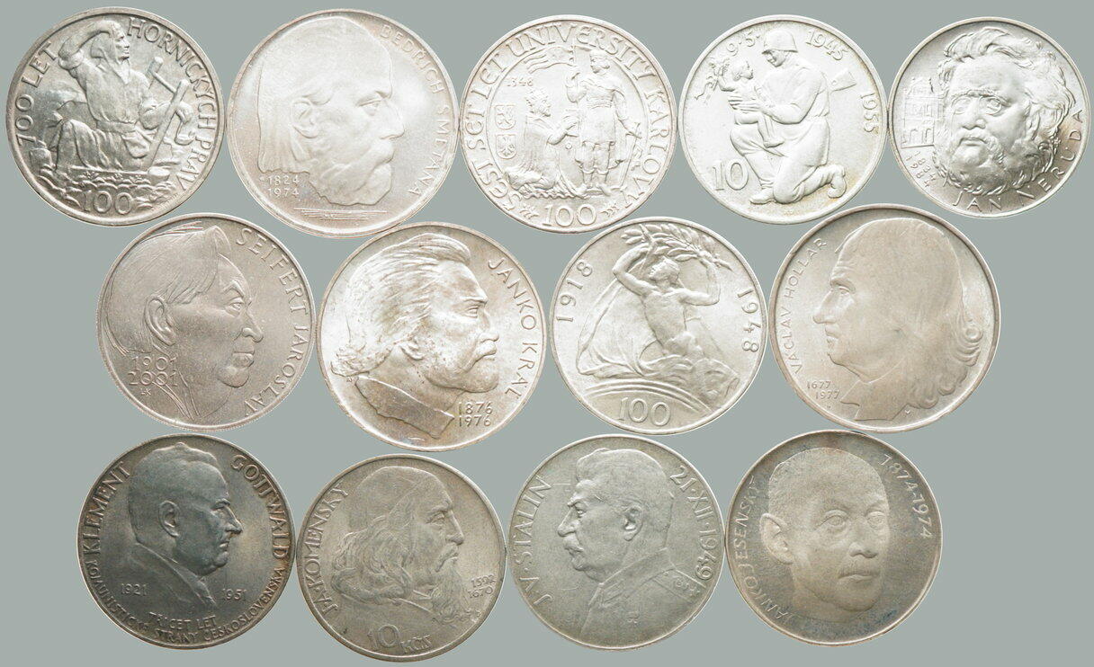 1948-2001 SELECTION of / 13 pcs of Czechosl. Ag memorial coins from ...