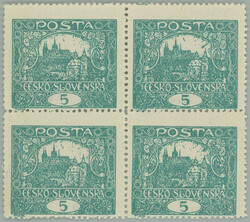 Pof.4C, 5h blue-green, line perforation 13¾, block of four, plate 6; ...