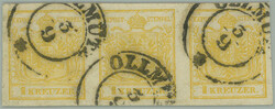 1850 Ferch.1HP III, Coat of arms 1 Kr kadmiumgelb, horizontal strip ...