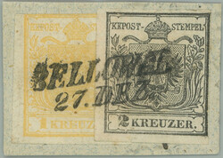 1850 small cut square with Ferch.1HPI + 2HPIa, Coat of arms 1 Kr ...