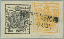 1850 small cut square with Ferch.1HPIb + 2HPIb, Coat of arms 1 Kr ...