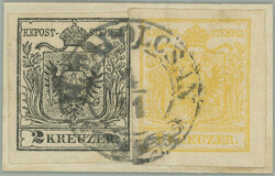 1850 SLOVAKIA / small cut square with Ferch.1III + 2III, Coat of arms ...