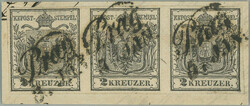 Ferch.2HP Ia, Coat of arms 2 Kreuzer black, horizontal strip of 3 on ...