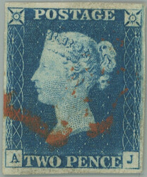 1840 SG.5, TWO PENCE BLUE blue, letters A-J; VF, with light red ...