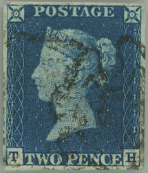 1840 SG.5, TWO PENCE BLUE blue, letters T-H; fine, with black cancel. ...