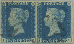 1840 SG.5, TWO PENCE BLUE, horizontal pair, letters I-E and I-F, ...