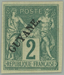 1892 Yv.11, overprint Allegory 2C green, oblique overprint GUYANE.; ...